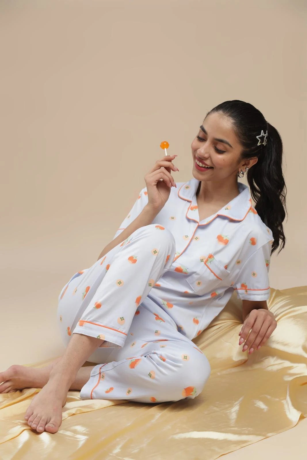 fruit print blue 3 piece pj set