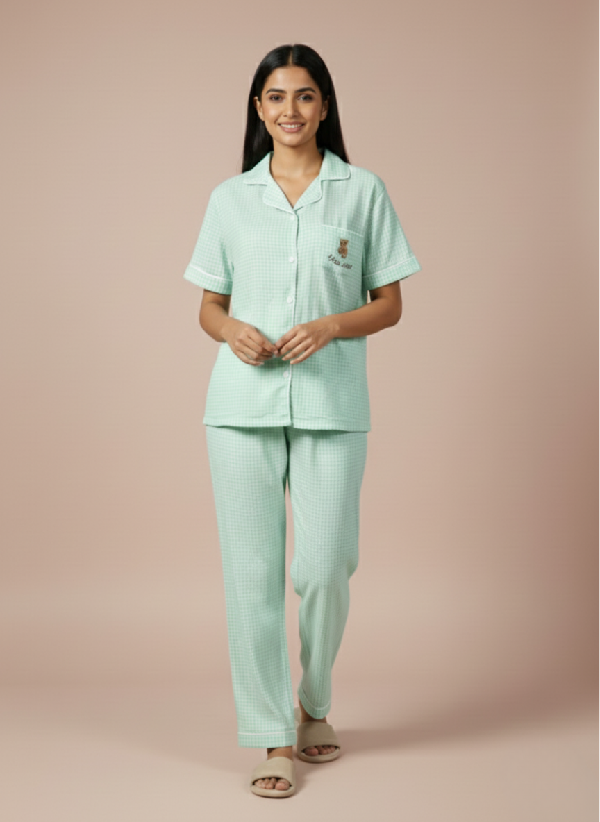 effortlessly cute and comfortable koozy pajama set in a light mint green checkered print. a pinterest-style cotton, breathable fabric nightwear suite designed for a soft, easy, and cozy look. relaxed fit, light-colored, and beautifully printed pj set for women.