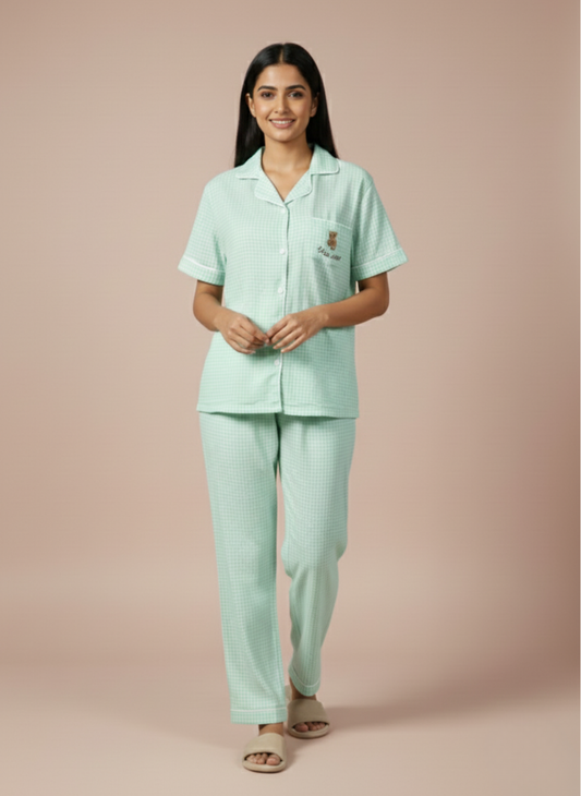 Effortlessly cute and comfortable Koozy pajama set in a light mint green checkered print. A Pinterest-style cotton, breathable fabric nightwear suite designed for a soft, easy, and cozy look. Relaxed fit, light-colored, and beautifully printed PJ set for women.