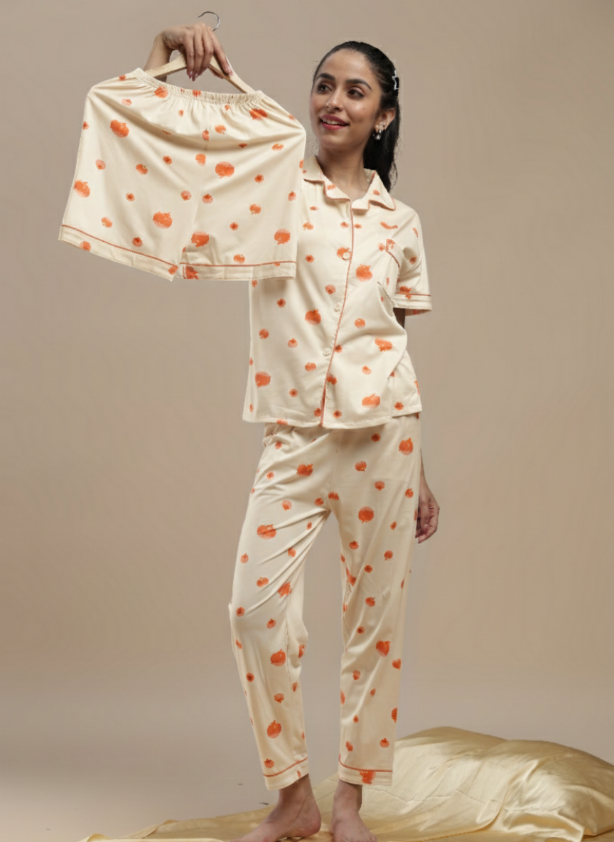 fruit print cream 3 piece pj set