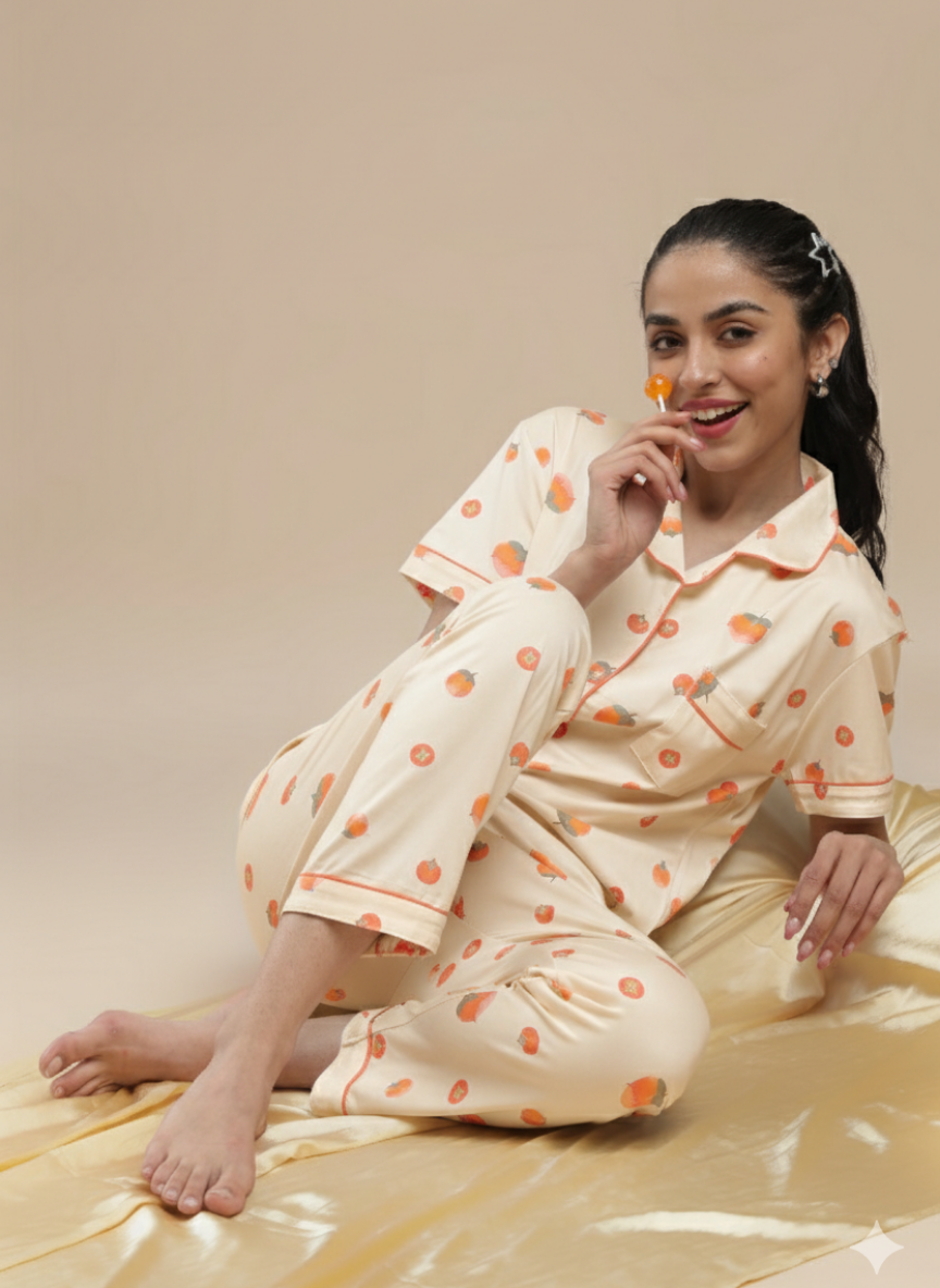 fruit print cream 3 piece pj set