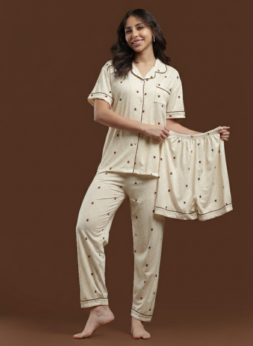 brown teddy 3 piece pj set