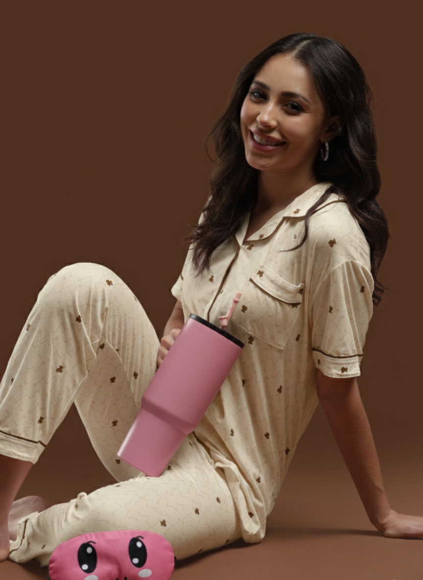 brown teddy 3 piece pj set