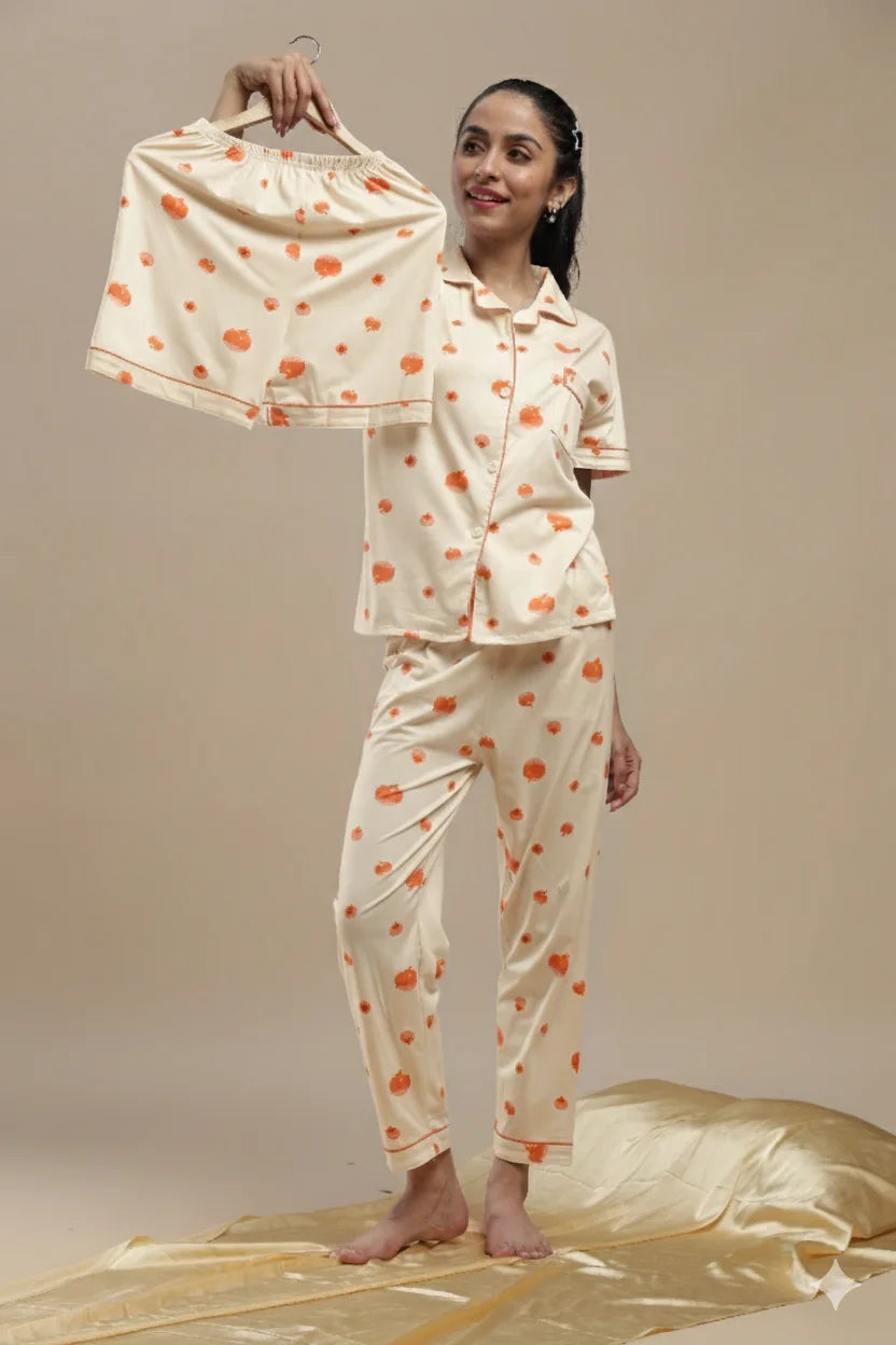fruit print cream 3 piece pj set