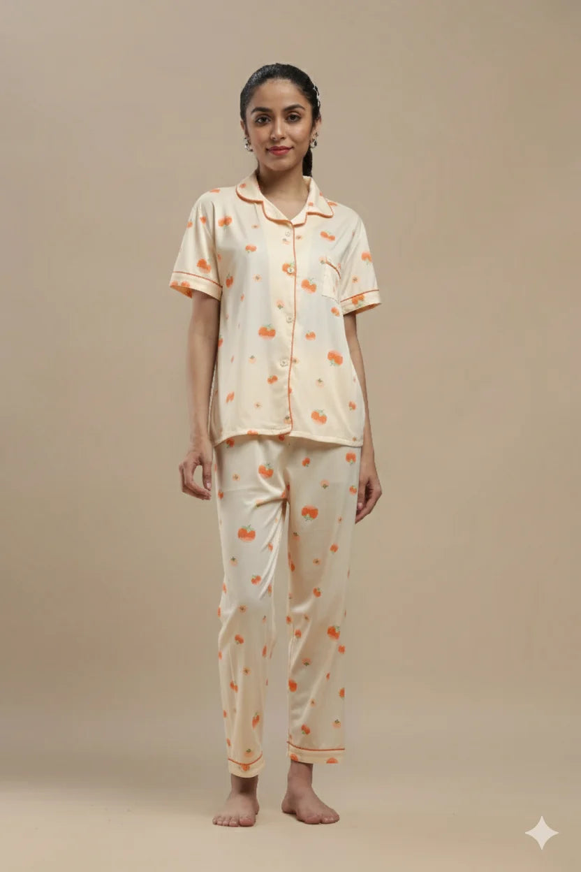 fruit print cream 3 piece pj set